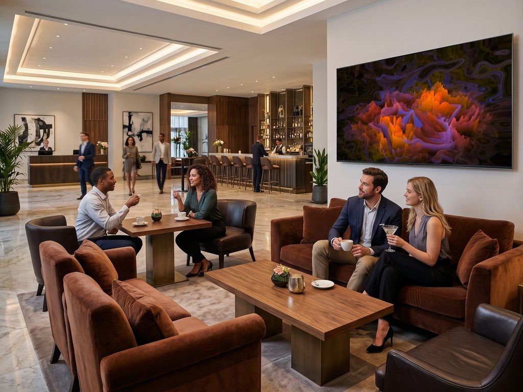 Hotellobby mit großem Bildschirm und Videokunst von Immersive Neuro Art