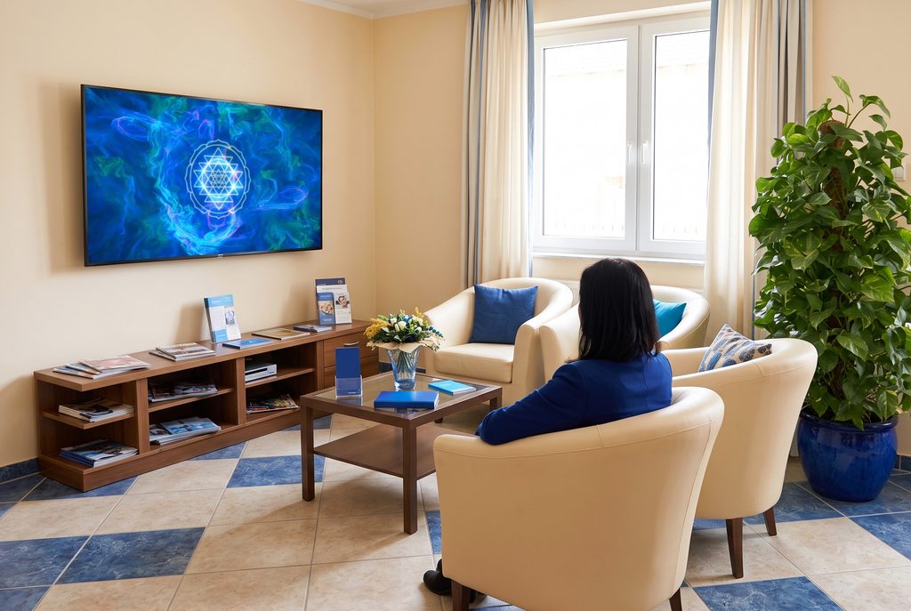 Wartezimmer einer Praxis mit Bildschirm, auf dem ein ruhiges blaues Video von Immersive Neuro Art läuft