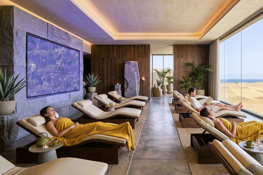 Ruheraum in einem Spa mit Videokunst von Immersive Neuro Art an der Wand